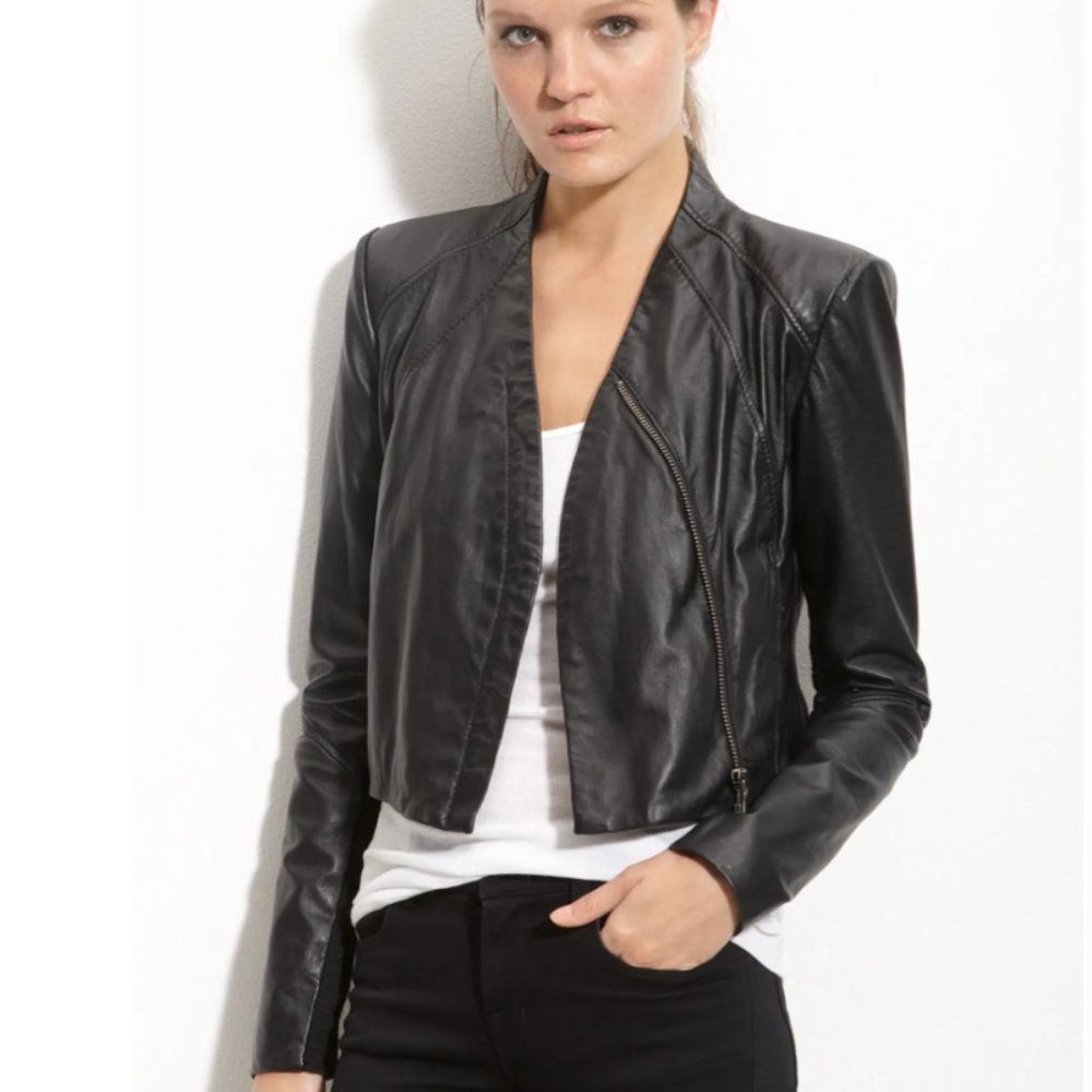 June, Cropped Modern Moto Leather Jacket, M